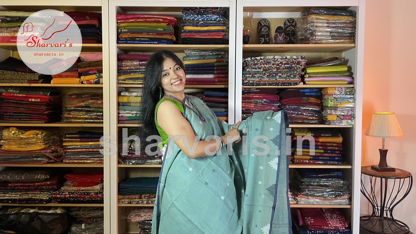 Teal Blue Soft Mol Cotton Saree with Handwoven Jamdani Patterns