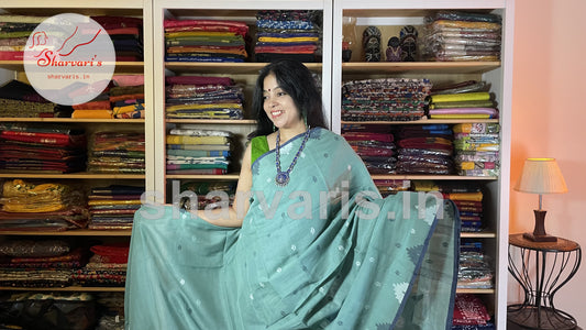 Teal Blue Soft Mol Cotton Saree with Handwoven Jamdani Patterns