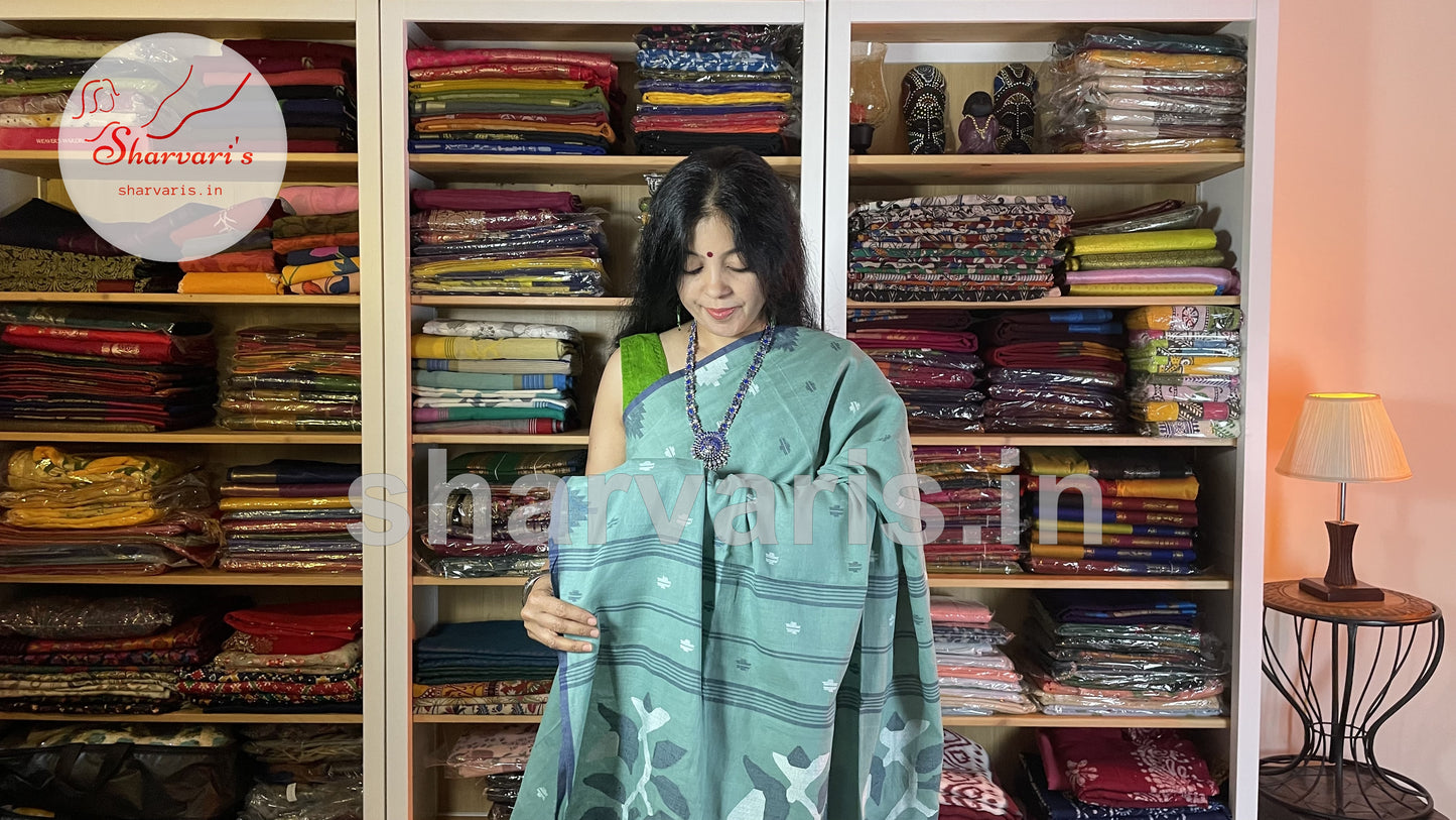 Teal Blue Soft Mol Cotton Saree with Handwoven Jamdani Patterns