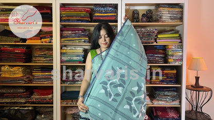 Teal Blue Soft Mol Cotton Saree with Handwoven Jamdani Patterns