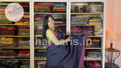 Navy Blue and Magenta Kanchi Organic Cotton Saree with Thread Weaving Patterns