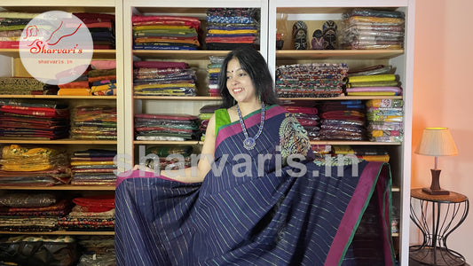 Navy Blue and Magenta Kanchi Organic Cotton Saree with Thread Weaving Patterns