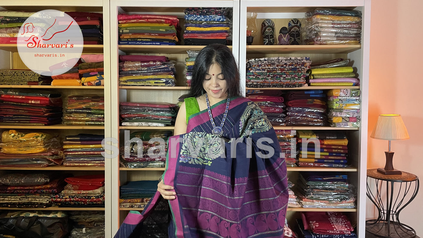 Navy Blue and Magenta Kanchi Organic Cotton Saree with Thread Weaving Patterns