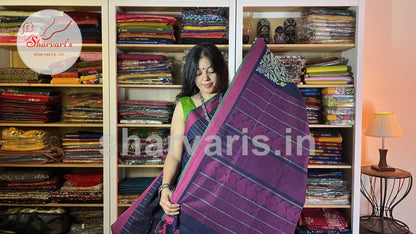 Navy Blue and Magenta Kanchi Organic Cotton Saree with Thread Weaving Patterns