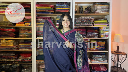 Navy Blue and Magenta Kanchi Organic Cotton Saree with Thread Weaving Patterns