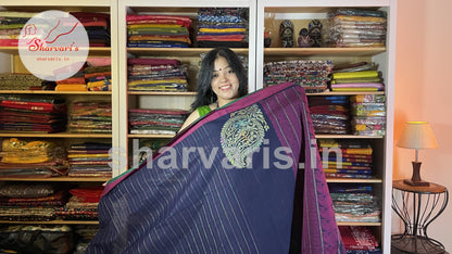 Navy Blue and Magenta Kanchi Organic Cotton Saree with Thread Weaving Patterns