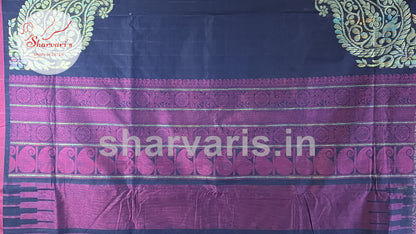 Navy Blue and Magenta Kanchi Organic Cotton Saree with Thread Weaving Patterns