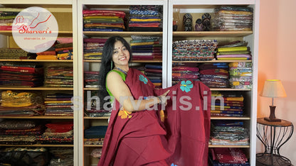 Maroon Soft Mol Cotton Saree with Hand Painted Floral Patterns