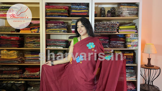 Maroon Soft Mol Cotton Saree with Hand Painted Floral Patterns