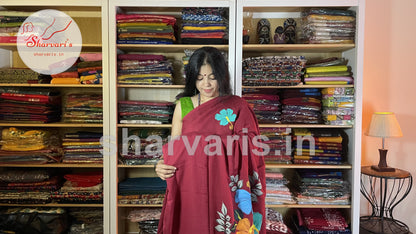 Maroon Soft Mol Cotton Saree with Hand Painted Floral Patterns