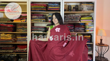 Maroon Soft Mol Cotton Saree with Hand Painted Floral Patterns