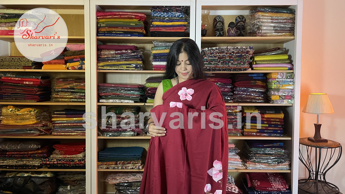 Maroon Soft Mol Cotton Saree with Hand Painted Floral Patterns