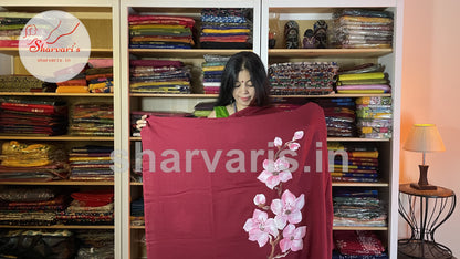 Maroon Soft Mol Cotton Saree with Hand Painted Floral Patterns