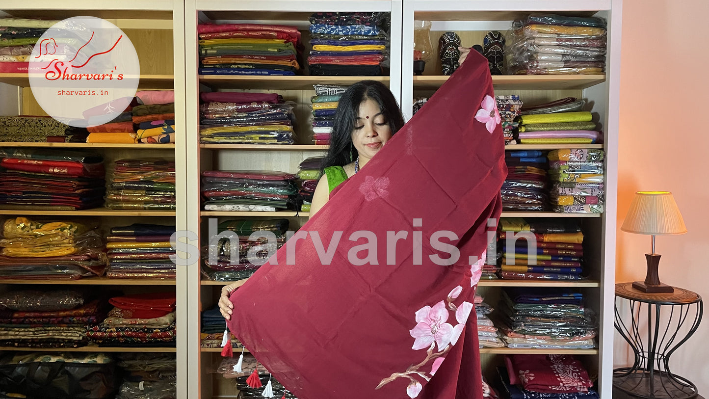 Maroon Soft Mol Cotton Saree with Hand Painted Floral Patterns