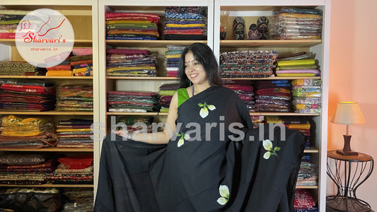 Black Soft Mol Cotton Saree with Hand Painted Floral Patterns