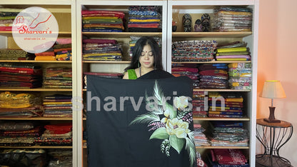 Black Soft Mol Cotton Saree with Hand Painted Floral Patterns