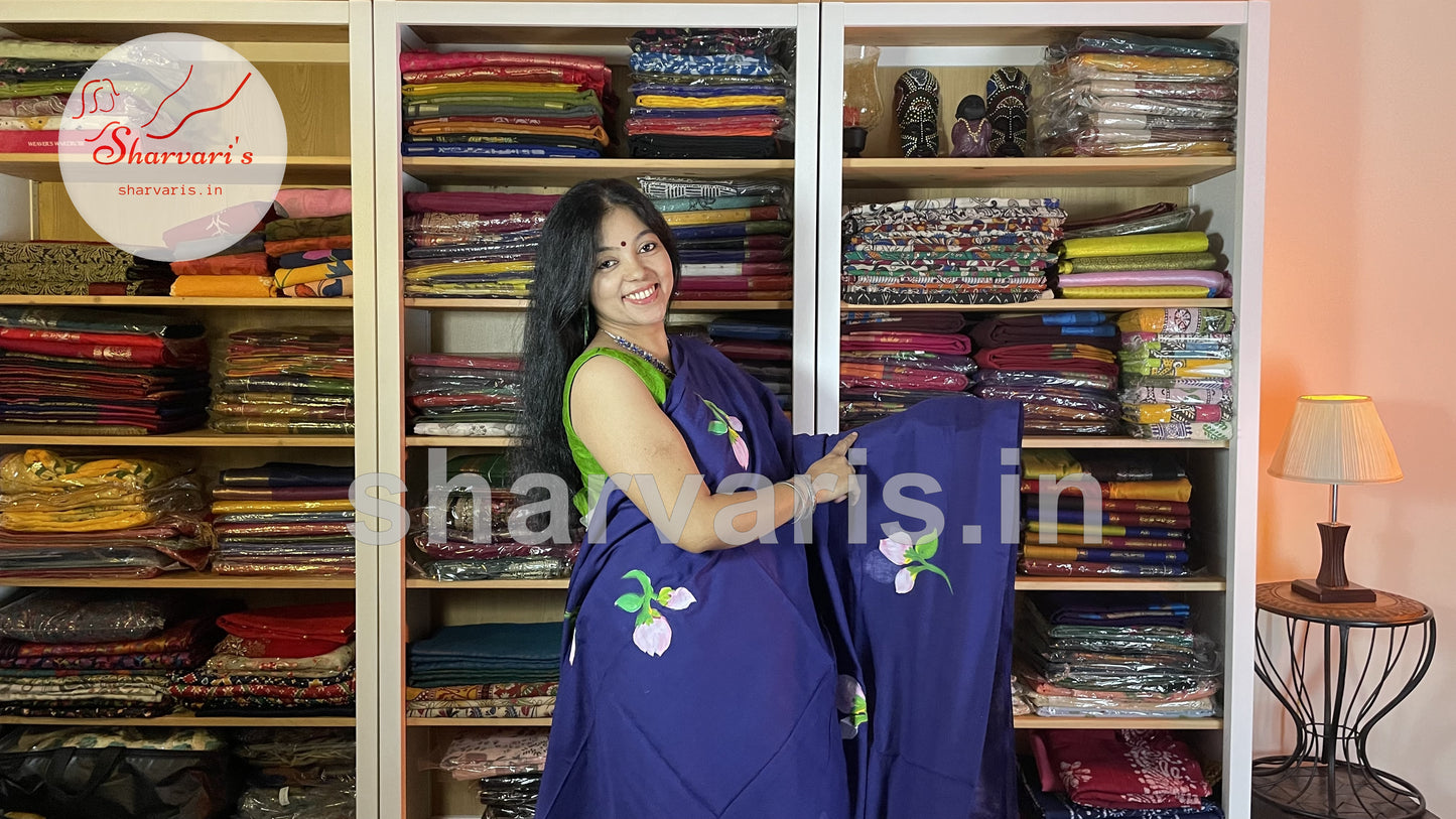 Royal Blue Soft Mol Cotton Saree with Hand Painted Floral Patterns