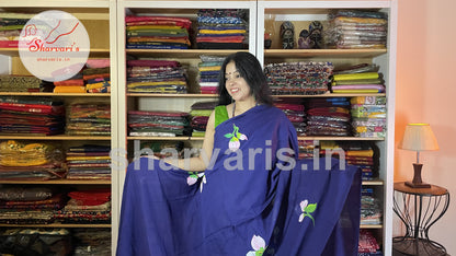 Royal Blue Soft Mol Cotton Saree with Hand Painted Floral Patterns