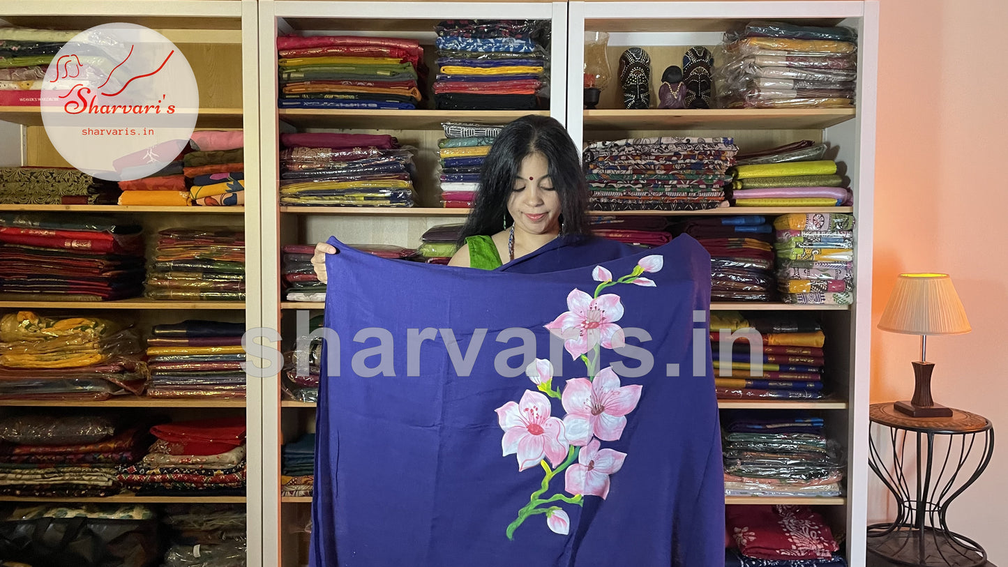 Royal Blue Soft Mol Cotton Saree with Hand Painted Floral Patterns