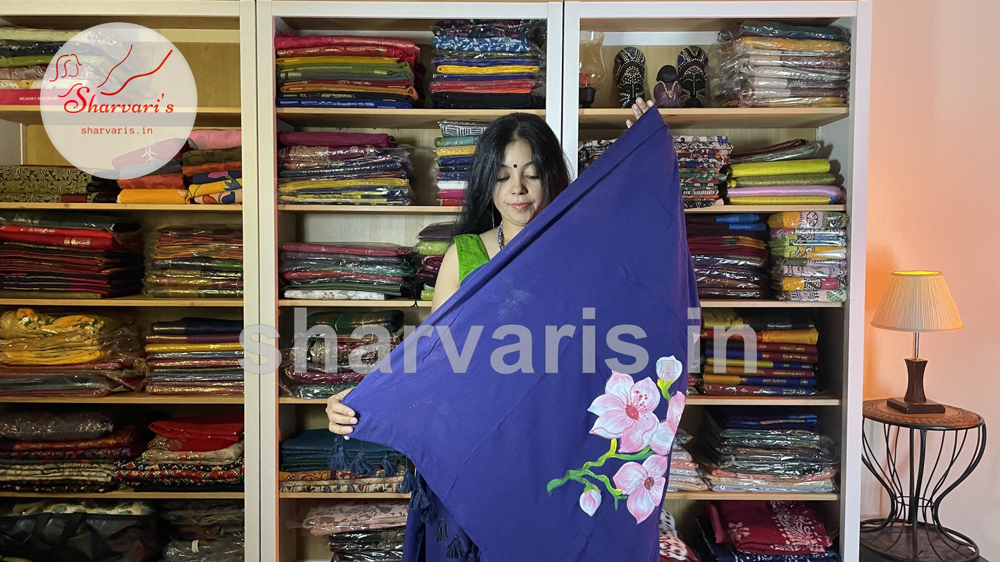 Royal Blue Soft Mol Cotton Saree with Hand Painted Floral Patterns