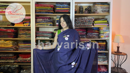 Navy Blue Soft Mol Cotton Saree with Hand Painted Floral Patterns