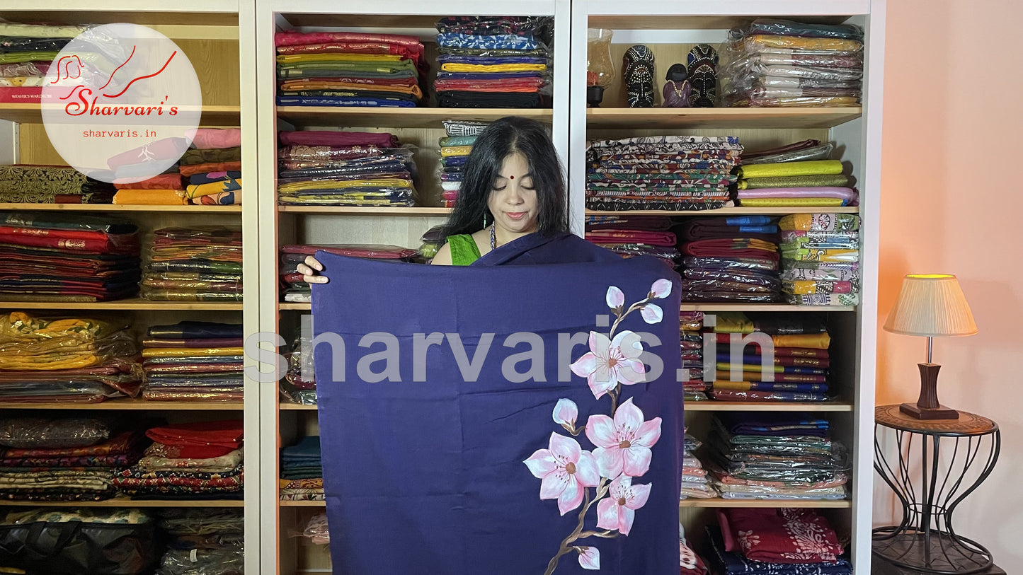 Navy Blue Soft Mol Cotton Saree with Hand Painted Floral Patterns