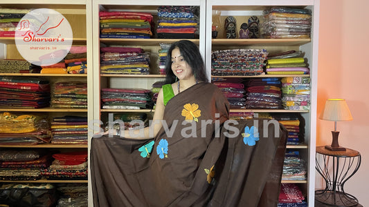 Brown Soft Mol Cotton Saree with Hand Painted Floral Patterns