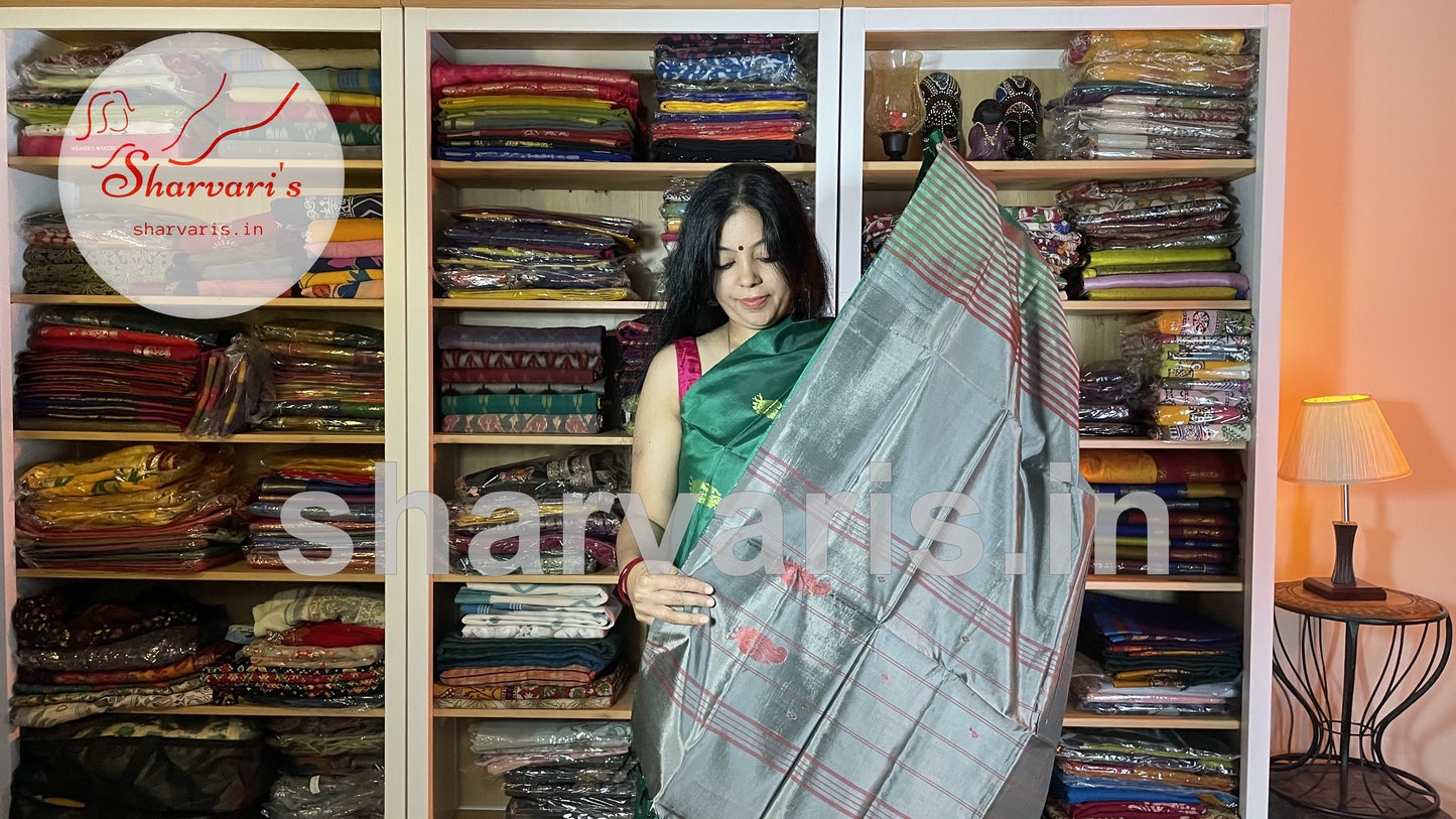 Leaf Green Banana Silk Saree with Grey Pallu