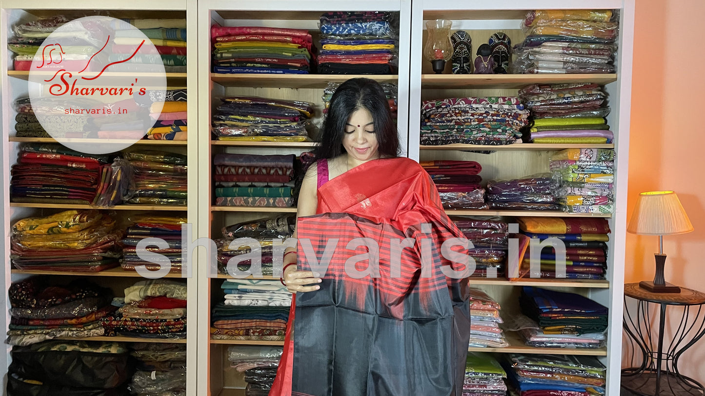 Brick Red Banana Silk Saree with Black Pallu