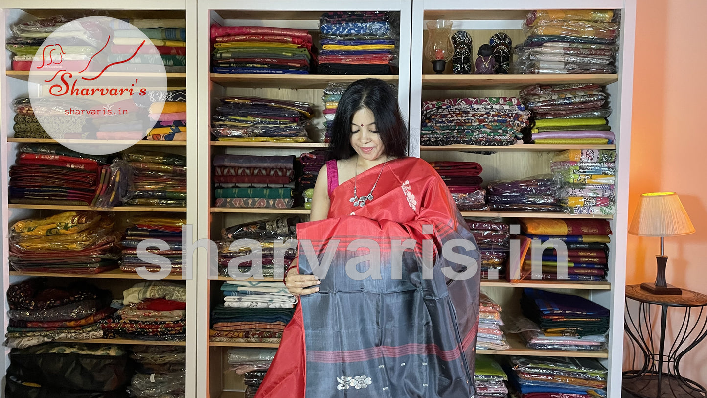 Dark Red Banana Silk Saree with Grey Pallu