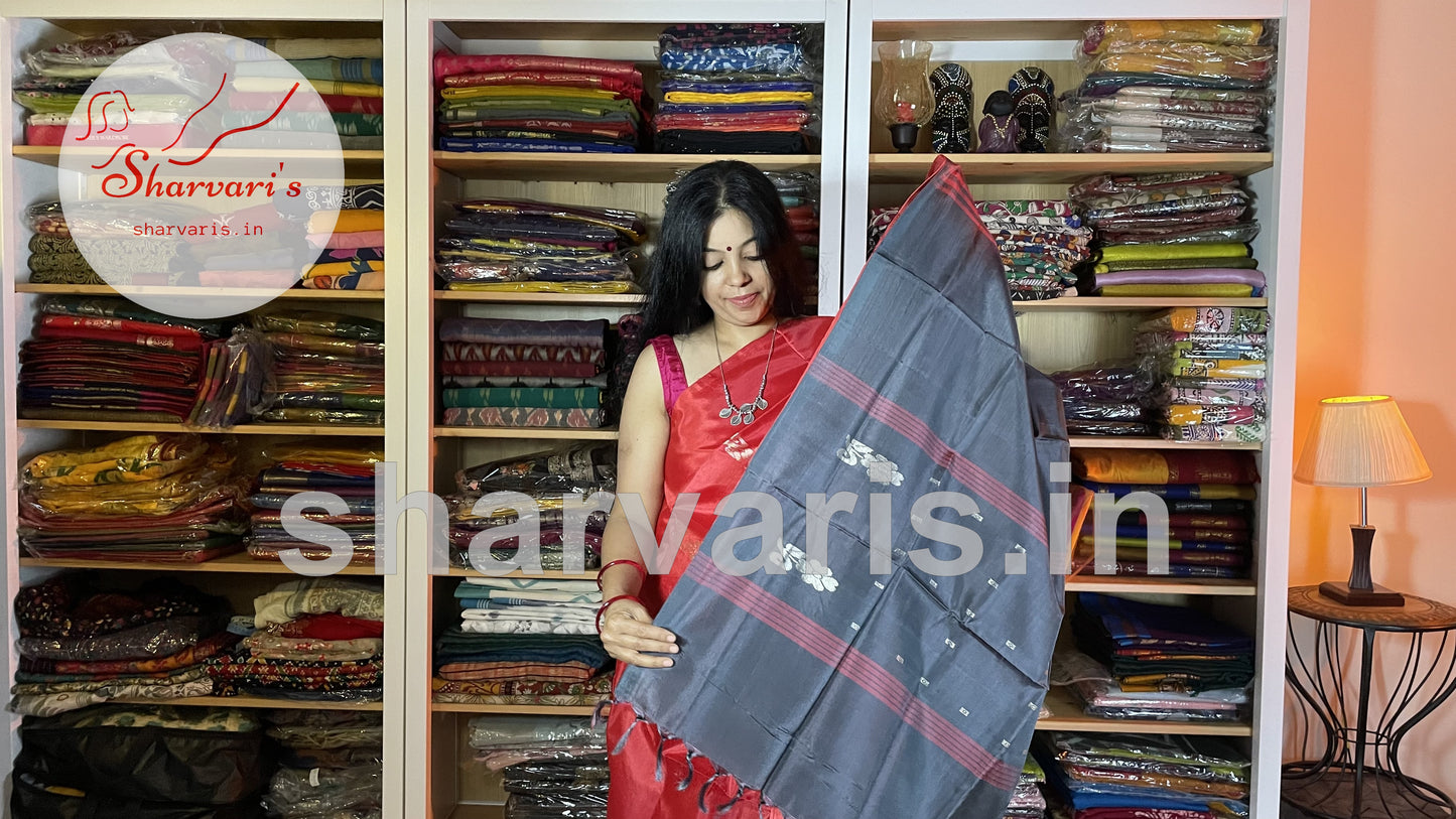 Dark Red Banana Silk Saree with Grey Pallu