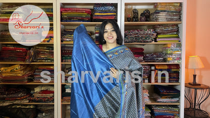 Cerulean Blue Semi Tussar Saree with Patola Prints