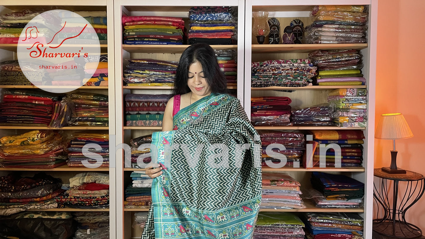 Teal Blue Semi Tussar Saree with Patola Prints