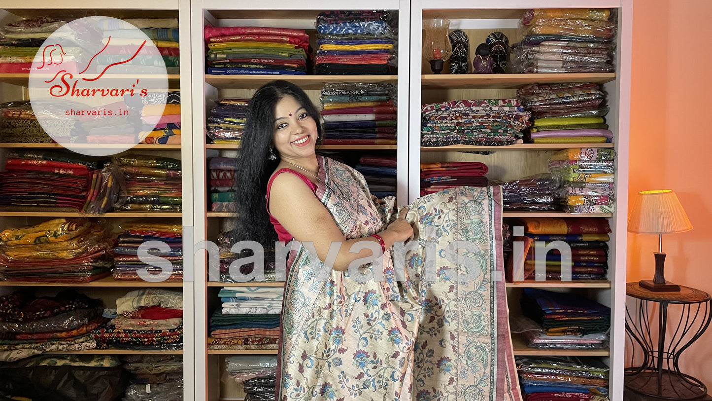 Beige and Cinnamon Brown Semi Tussar Saree with Kalamkari Prints