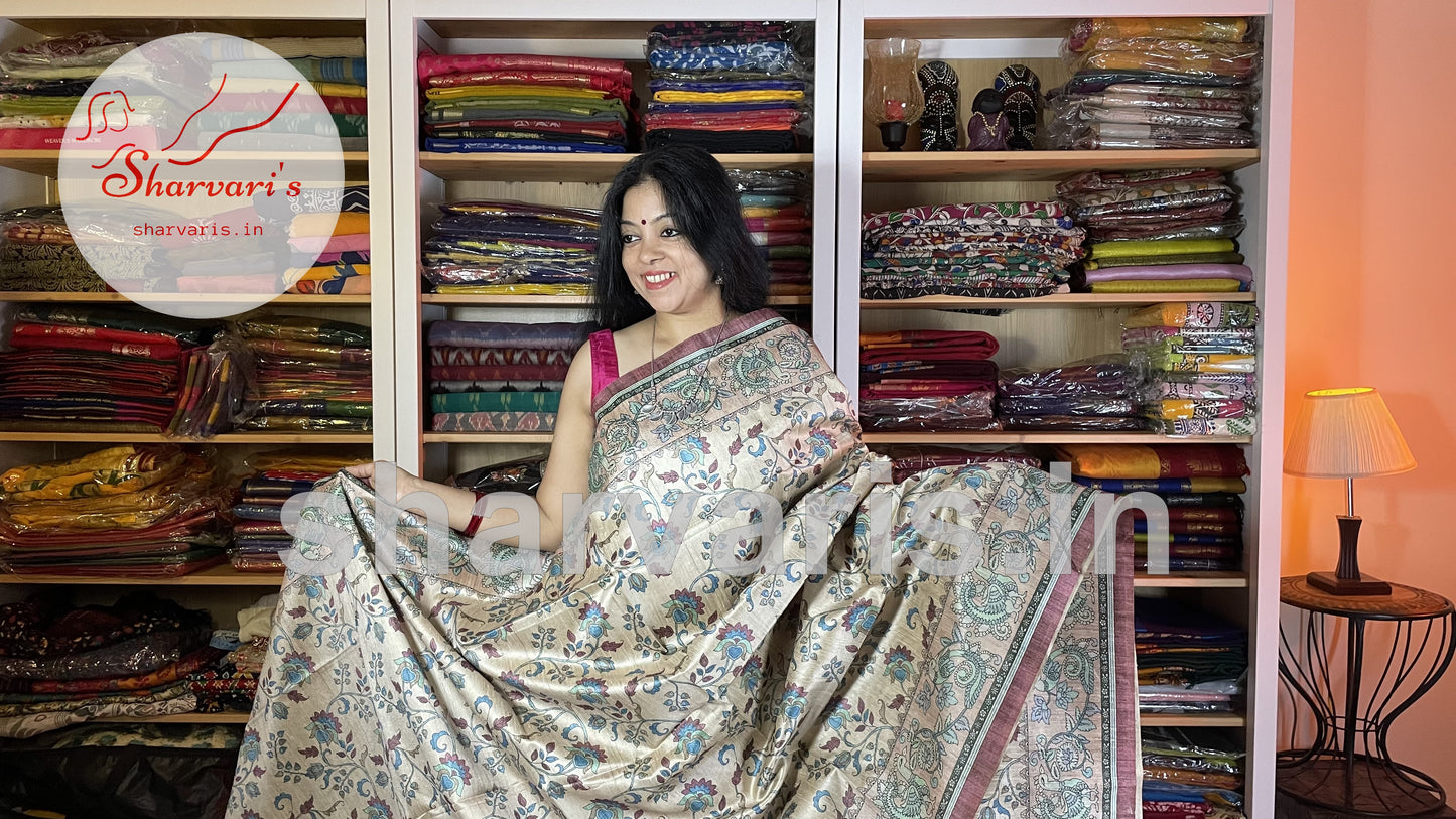 Beige and Cinnamon Brown Semi Tussar Saree with Kalamkari Prints