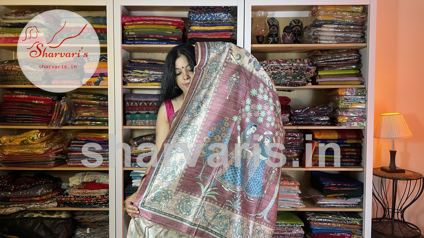 Beige and Cinnamon Brown Semi Tussar Saree with Kalamkari Prints