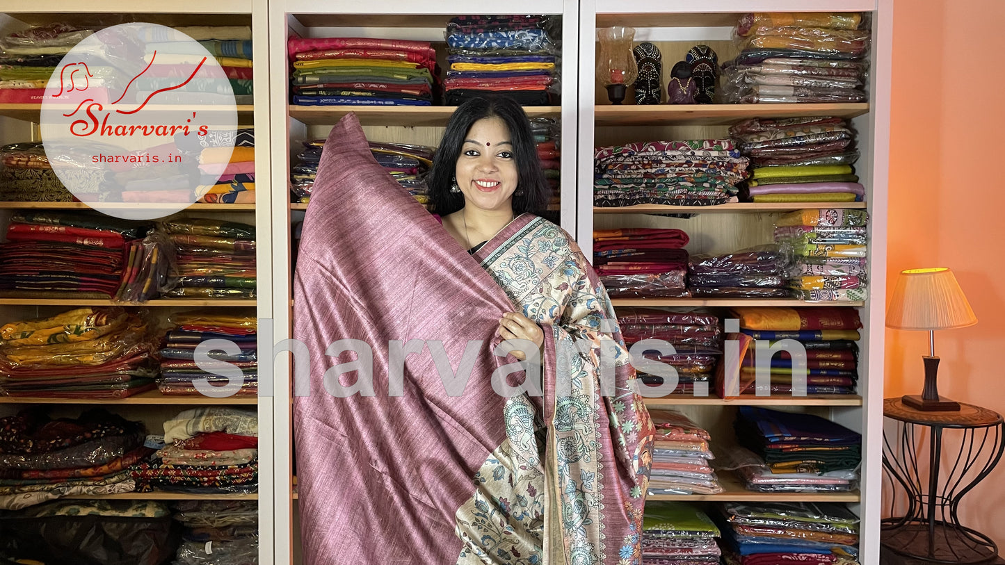 Beige and Cinnamon Brown Semi Tussar Saree with Kalamkari Prints