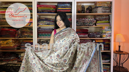 Beige and Sapphire Blue Semi Tussar Saree with Kalamkari Prints