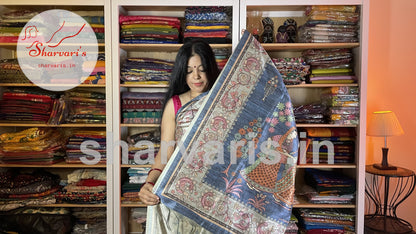 Beige and Sapphire Blue Semi Tussar Saree with Kalamkari Prints