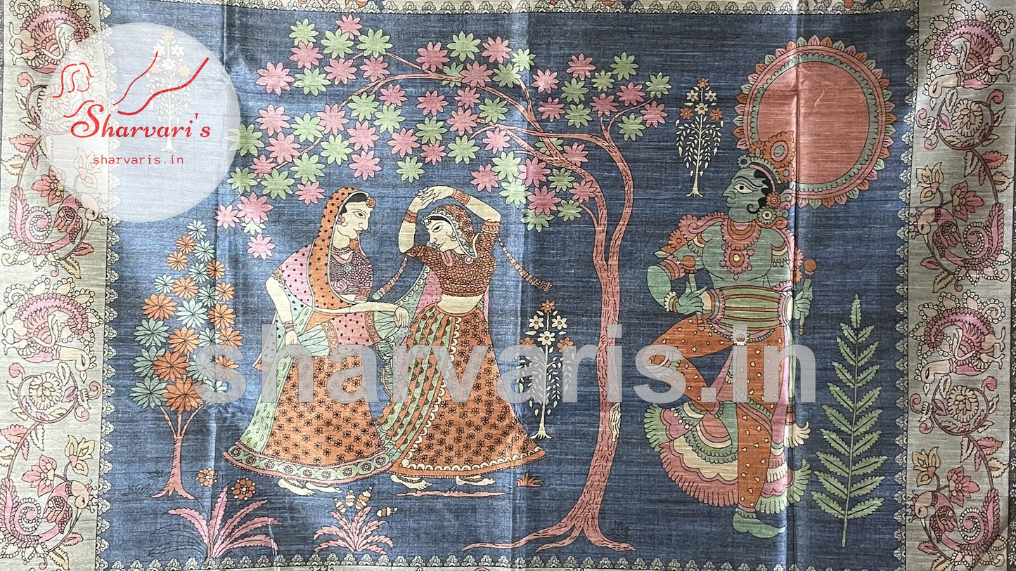 Beige and Sapphire Blue Semi Tussar Saree with Kalamkari Prints