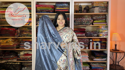 Beige and Sapphire Blue Semi Tussar Saree with Kalamkari Prints