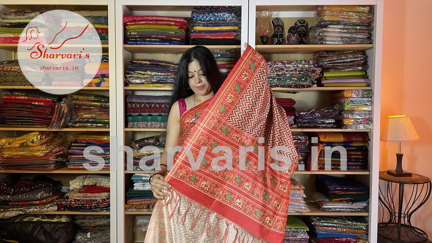 Red Semi Tussar Saree with Patola Prints