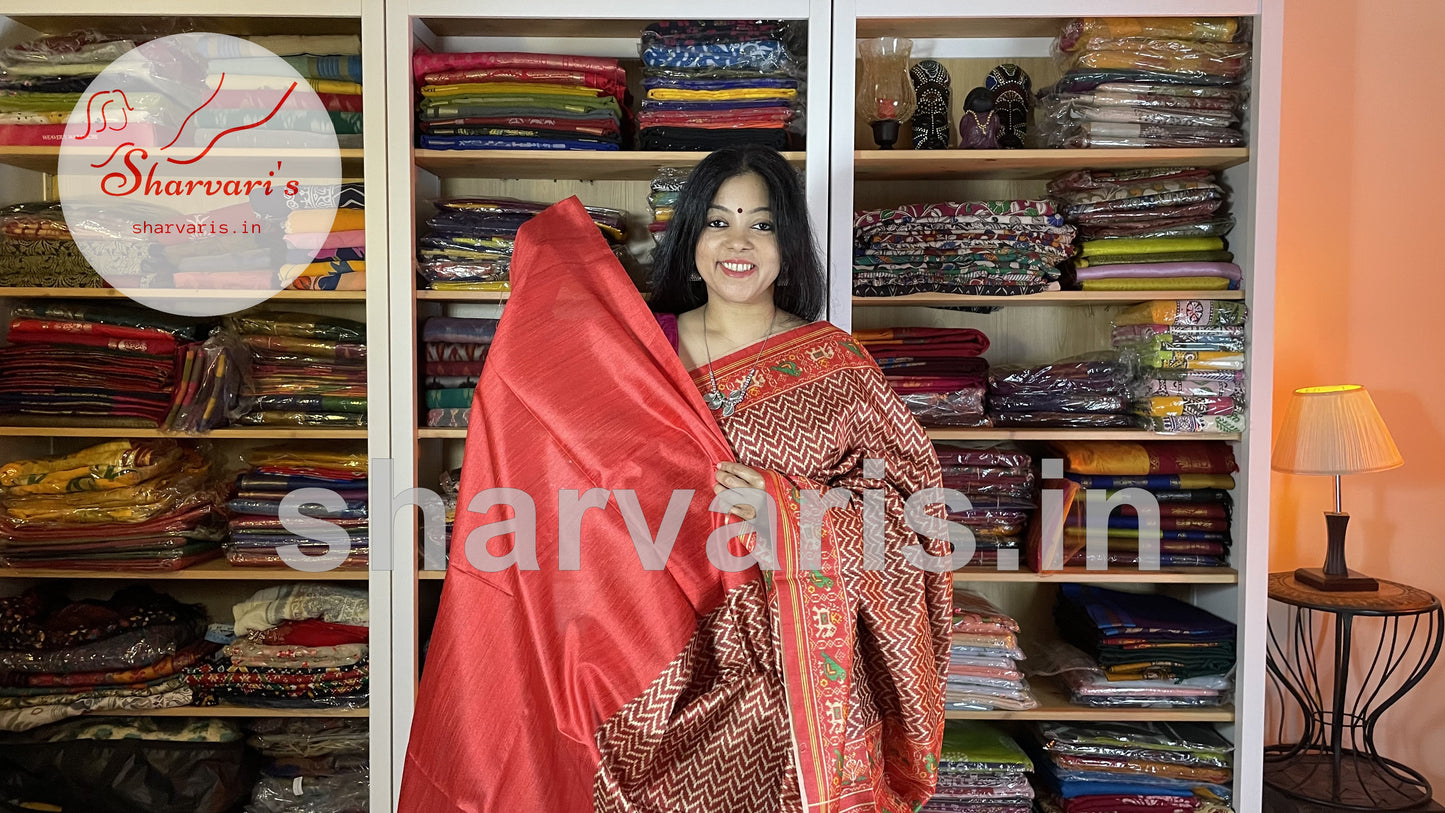 Red Semi Tussar Saree with Patola Prints