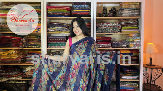 Navy Blue Crushed Chiffon Saree with Trendy Prints
