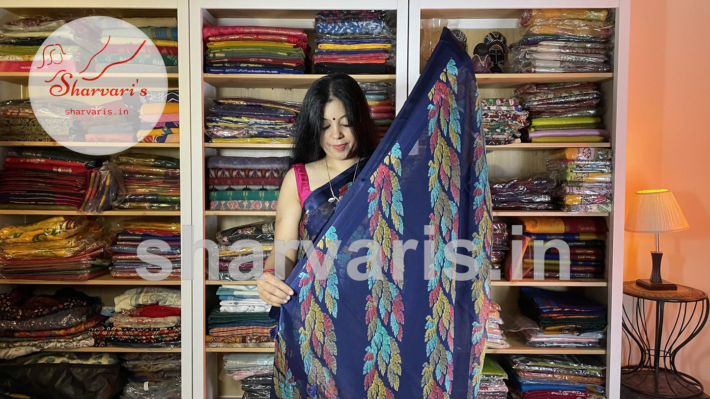 Navy Blue Crushed Chiffon Saree with Trendy Prints