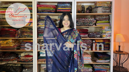 Navy Blue Crushed Chiffon Saree with Trendy Prints