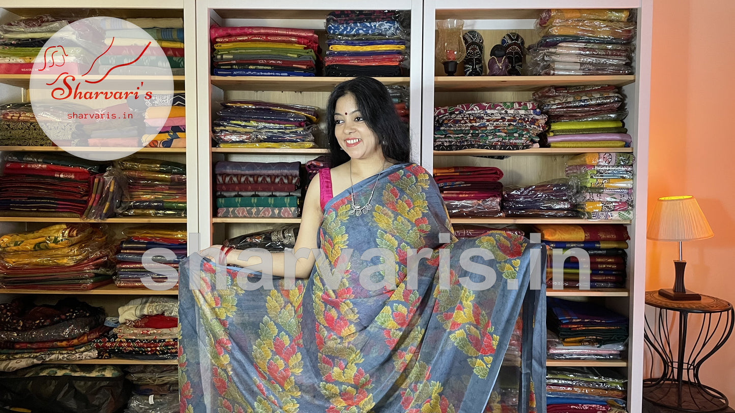 Grey Crushed Chiffon Saree with Trendy Prints