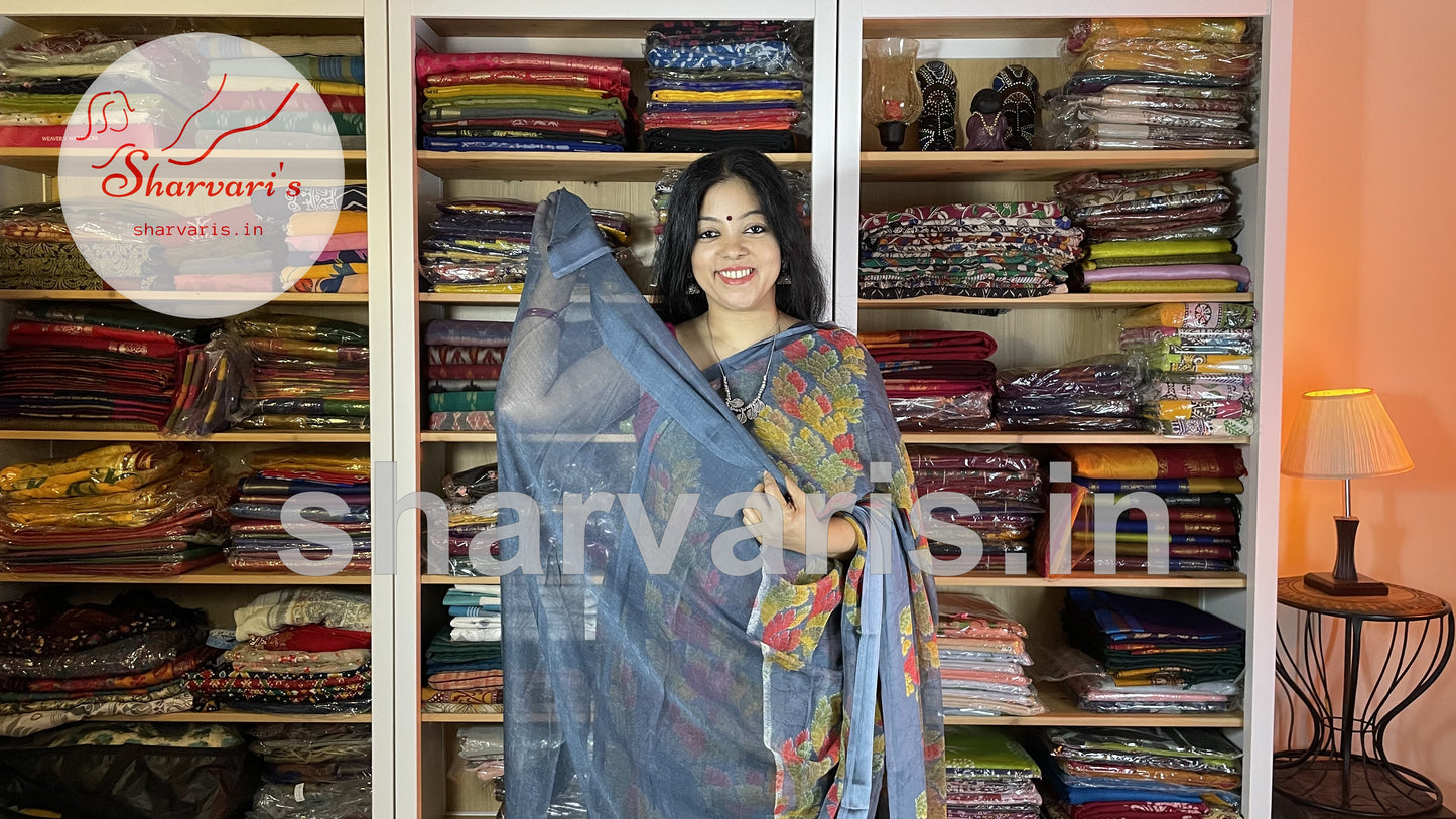 Grey Crushed Chiffon Saree with Trendy Prints