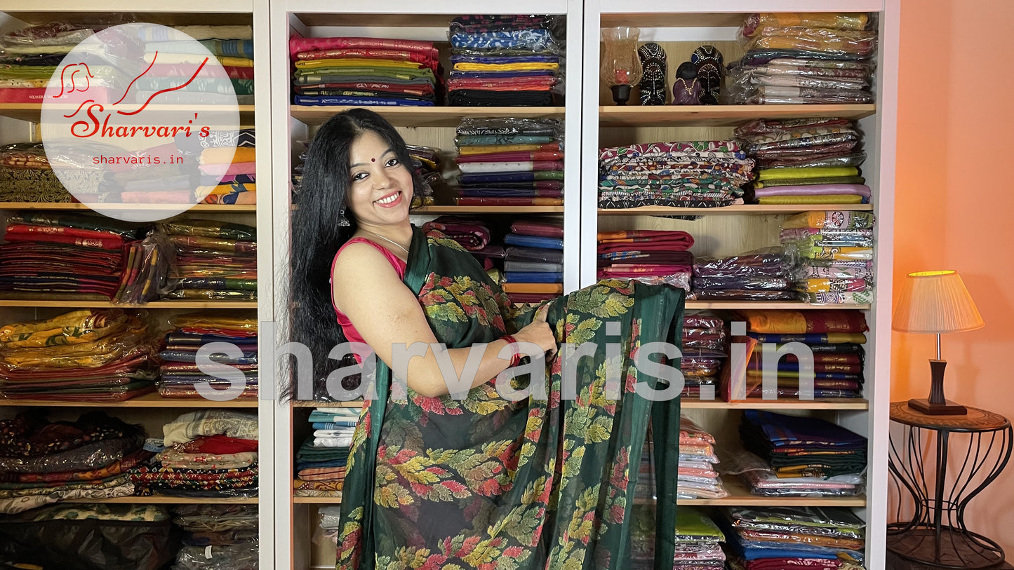 Bottle Green Crushed Chiffon Saree with Trendy Prints