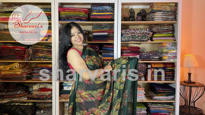 Bottle Green Crushed Chiffon Saree with Trendy Prints